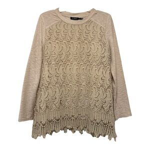 Long Sleeve Beige Lace Overlay crochet Fringe Bohemian Shirt Festival Concert